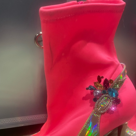 Christian Louboutin Neon Pink Holographic Pointed Stiletto Ankle Boots - Picture 2 of 5